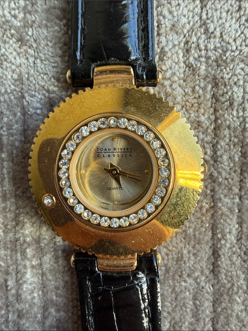Joan Rivers Gold Round Crystal Accent Watch with Black Leather Strap